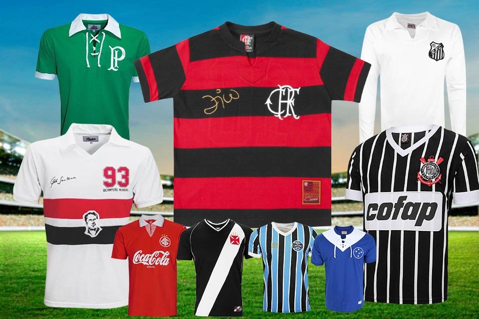 Camisas do Palmeiras, flamengo, São Paulo, Santos e Corinthians em destaque, organizadas em arte