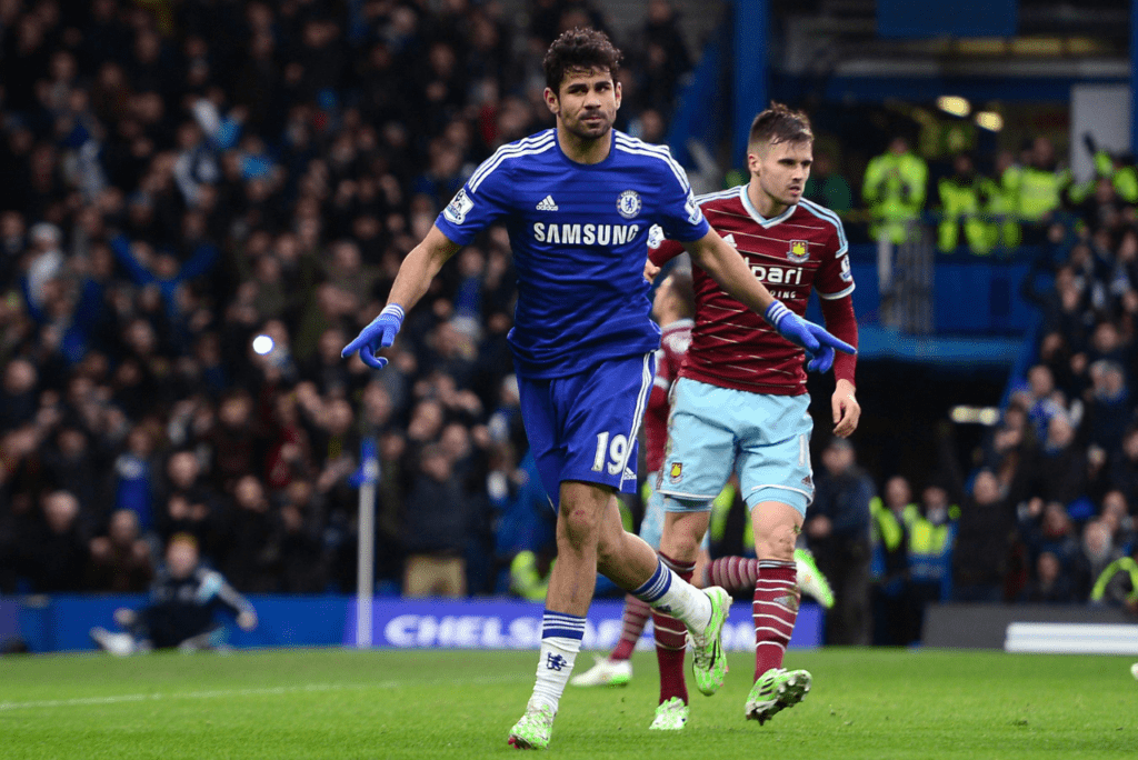 Atacante diego Costa comemora gol pelo Chelsea em 2014