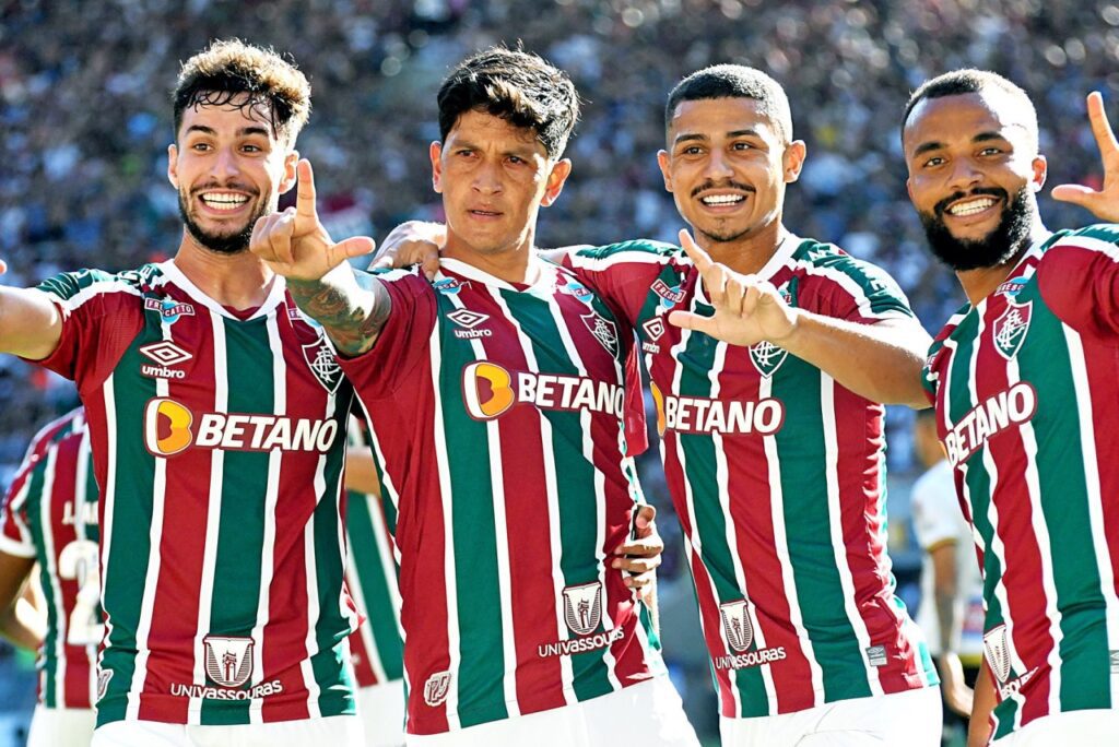 Cano elogia o Fluminense: Martinelli, Germán Cano, André e Samuel Xavier, do Fluminense, comemoram gol contra o Volta Redonda no Cariocão 2023