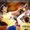 Thaísa deve voltar à Seleção: Central Thaísa, da Seleção Brasileira de Vôlei, ataca bola levantada por Roberta Ratze, de costas