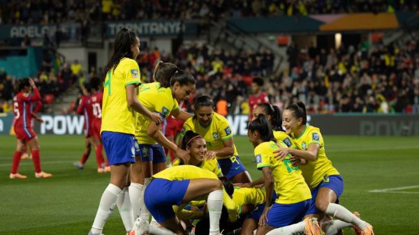 Jogadoras do Brasil comemoram gol da Seleção Brasileira contra o Panamá na Copa do Mundo Feminina
