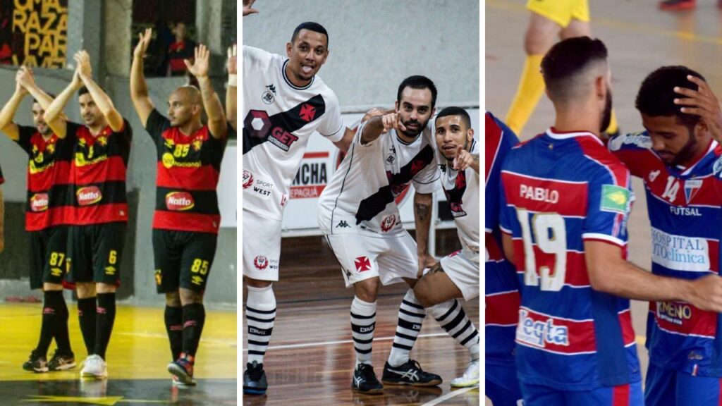Colagem de imagens de Sport, Vasco e Fortaleza em jogos de futsal