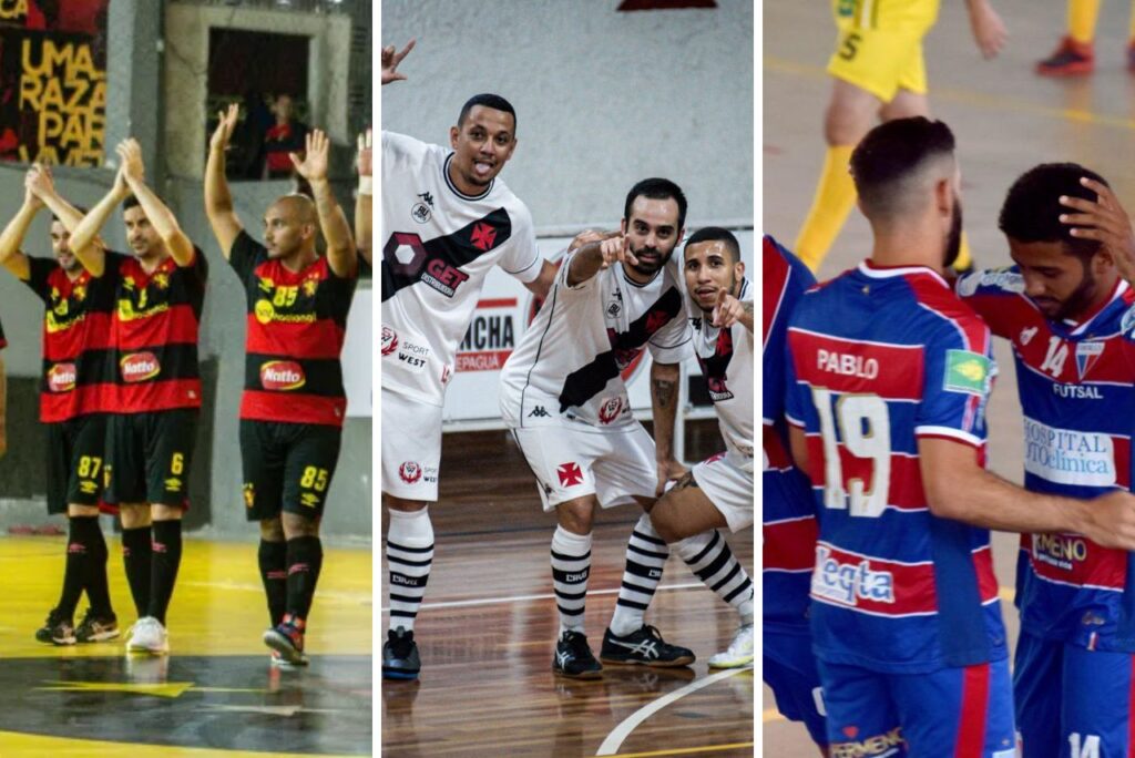 Colagem de imagens de Sport, Vasco e Fortaleza em jogos de futsal