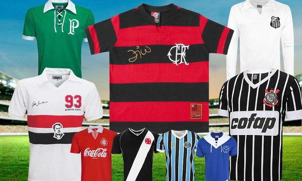 Camisas do Palmeiras, flamengo, São Paulo, Santos e Corinthians em destaque, organizadas em arte