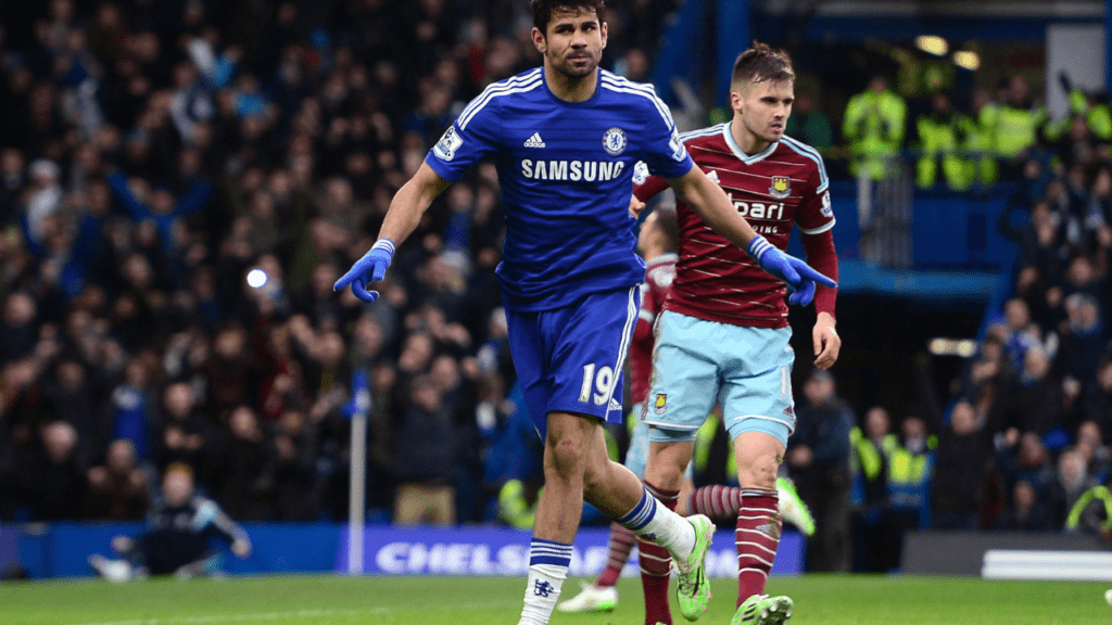 Atacante diego Costa comemora gol pelo Chelsea em 2014
