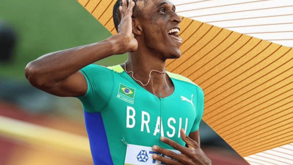 Arte com Alison dos Santos, atleta campeão da Diamond League em 2022