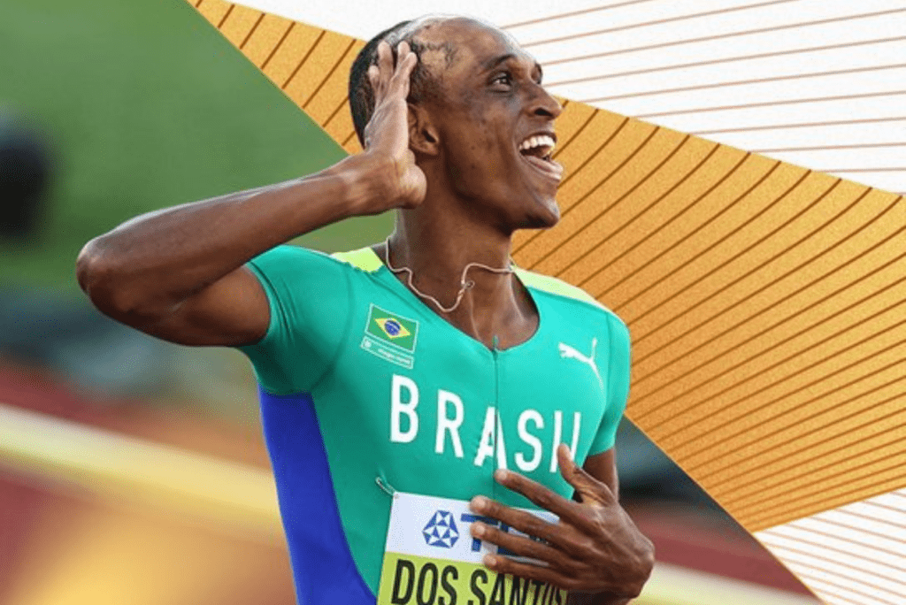 Arte com Alison dos Santos, atleta campeão da Diamond League em 2022