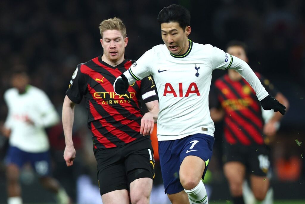 Kevin de Bruyne, do Manchester City, e Son Heung-min, do Tottenham