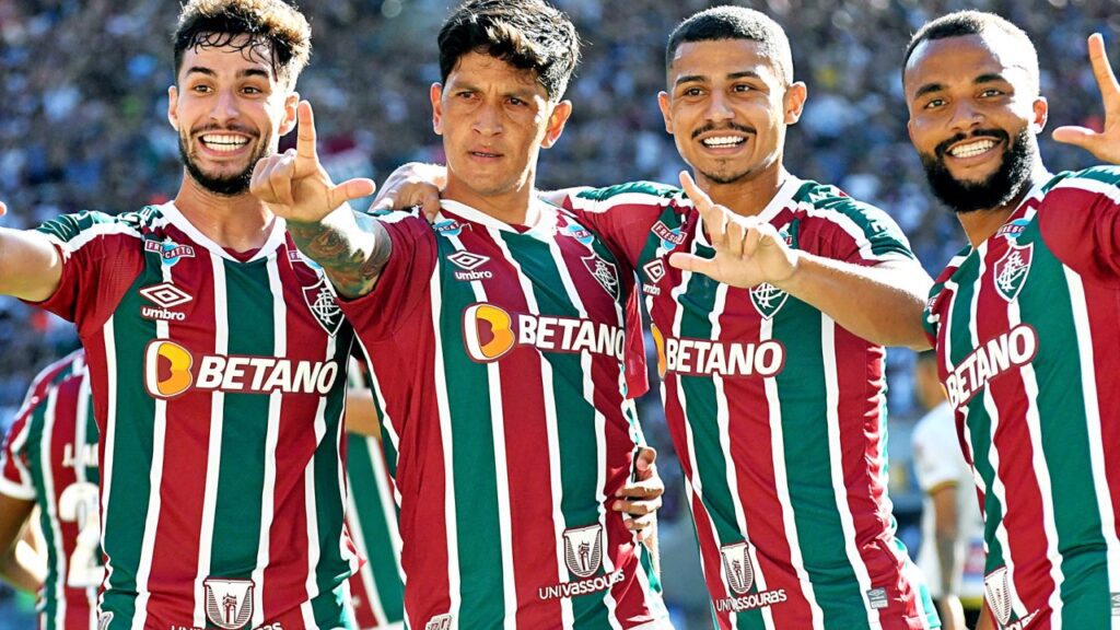 Cano elogia o Fluminense: Martinelli, Germán Cano, André e Samuel Xavier, do Fluminense, comemoram gol contra o Volta Redonda no Cariocão 2023