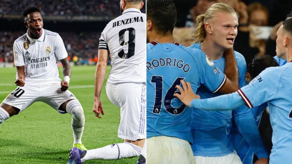 Imagem dividida ao meio, onde do lado esquerdo estão Vinícius Júnior (de frente) e Benzema (de costas) comemorando gol do Real Madrid, enquanto que, do lado direito da imagem, está Haaland, do Manchester City, sendo abraçado por seus companheiros na comemoração de um gol do time inglês