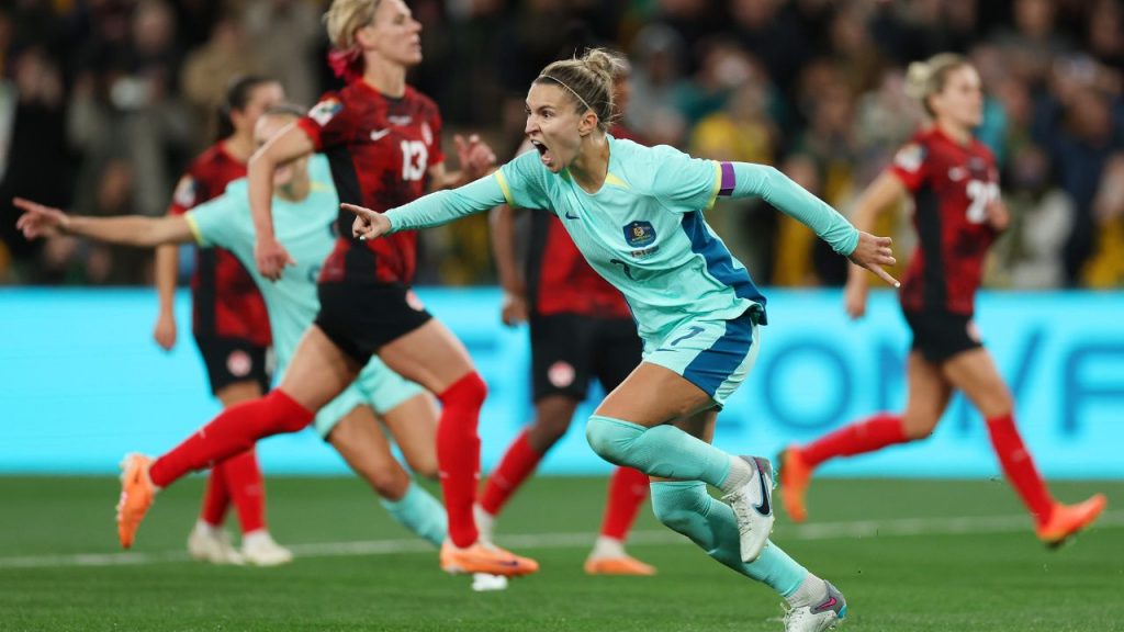Steph Catley em lance do jogo Austrália x Canadá na Copa do Mundo Feminina 2023