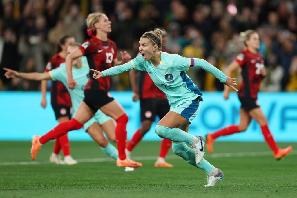 Steph Catley em lance do jogo Austrália x Canadá na Copa do Mundo Feminina 2023