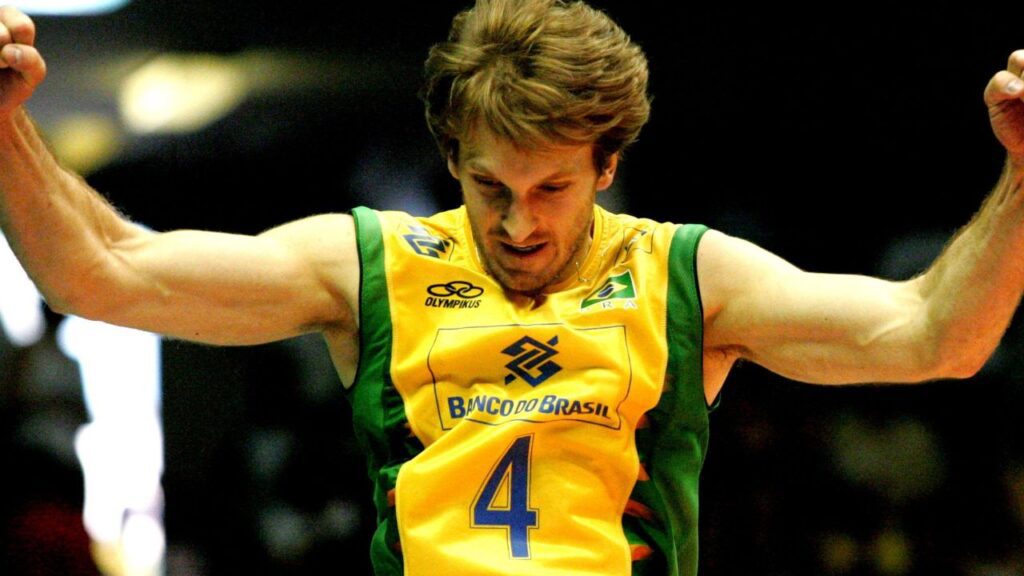 Central André Heller em jogo da Seleção Brasileira de Vôlei Masculina